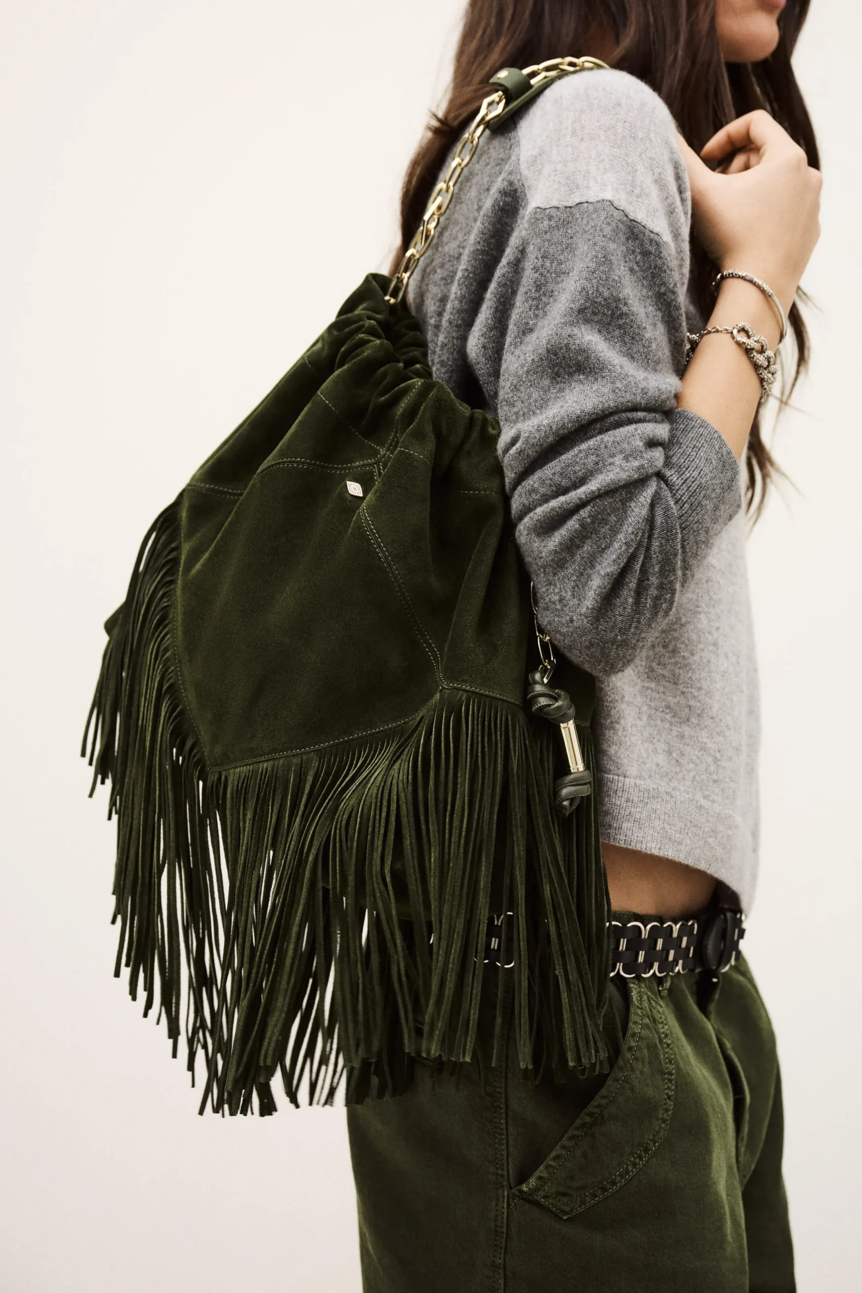JUNE sac daim franges 450 €